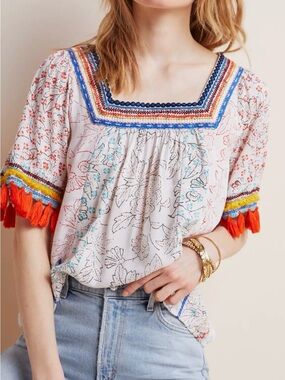 Anthropology Boho Square-Neck Tassel Top in Coral & Cream